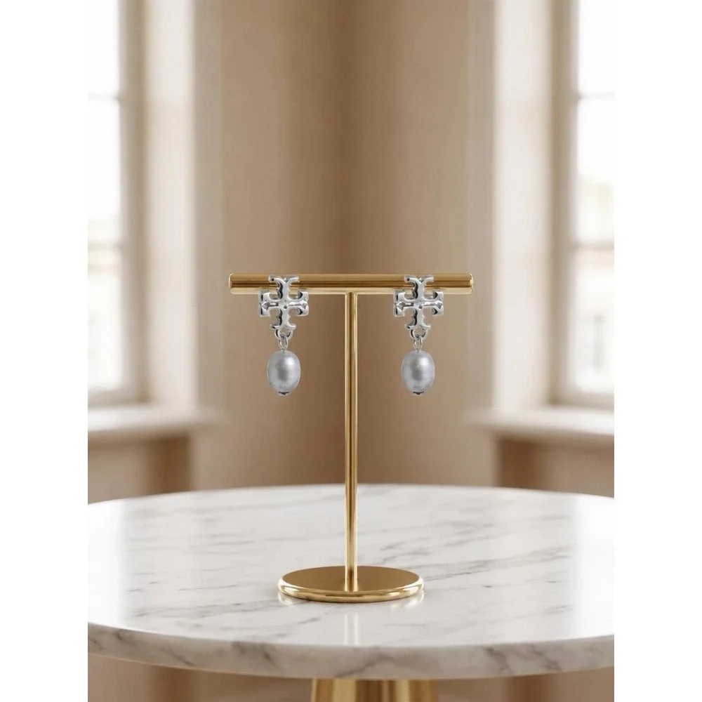 Tory Burch Logo Pearl Drop Down Earrings in Silver / Dustbag Included